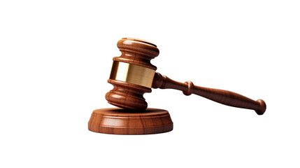 Professional wooden gavel with gleaming gold band, symbolizing justice and legal decisions isolated on white or transparent png.