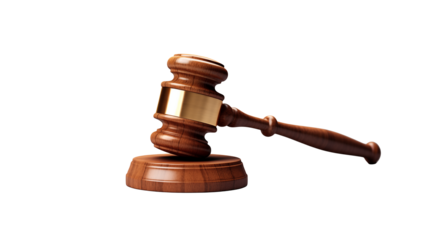 Professional wooden gavel with gleaming gold band, symbolizing justice and legal decisions isolated on white or transparent png.