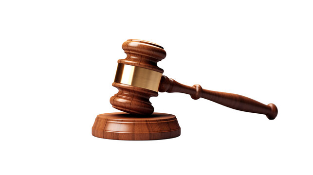 Professional wooden gavel with gleaming gold band, symbolizing justice and legal decisions isolated on white or transparent png.