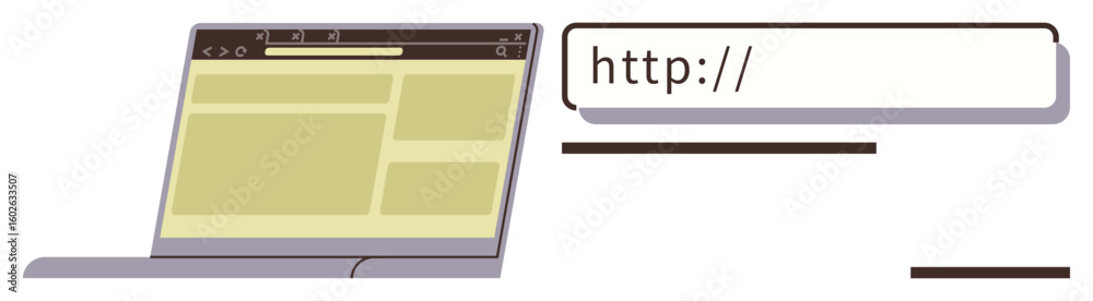 Poster open laptop displaying a browser with a webpage layout and detached url address bar elements. ideal 