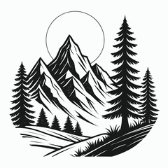 Obraz premium Black and White Hand Drawn Mountain Landscape with Pine Trees