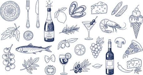 Hand drawn italian food set. Mediterranean lunch and dinner doodle icons. 