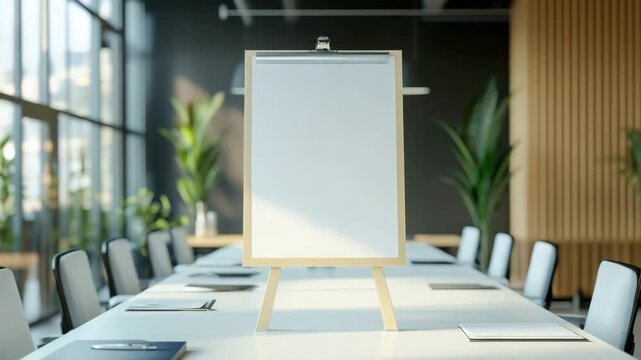 Blank flip chart on easel with blank paper in modern conference room featuring office chairs and table illuminated by sunlight creating calm meeting atmosphere