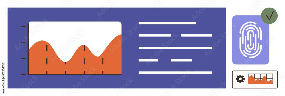 Poster graph with rising and falling data trends, fingerprint authentication symbol, verification checkmark