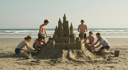 Group building sandcastle on beach