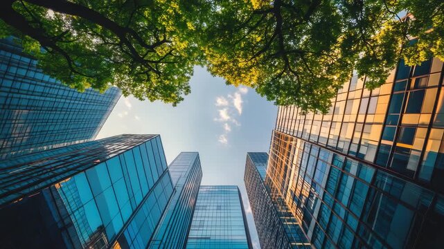 Modern glass skyscraper buildings with green tree branches framing blue sky and reflections, creating vibrant urban architecture blending natural elements and modern cityscape atmosphere
