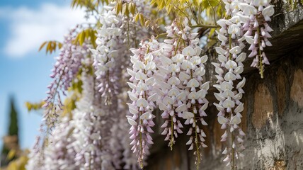 Naklejka premium Delicate white and pale purple wisteria flowers cascading down a stone wall vine hanging