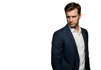 A businessman looking down with a sad expression on transparent background.