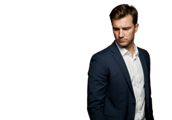 A businessman looking down with a sad expression on transparent background.