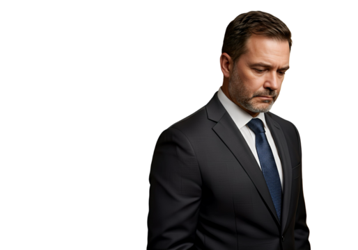 A businessman looking down with a sad expression on transparent background.