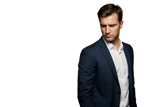 A businessman looking down with a sad expression on transparent background.