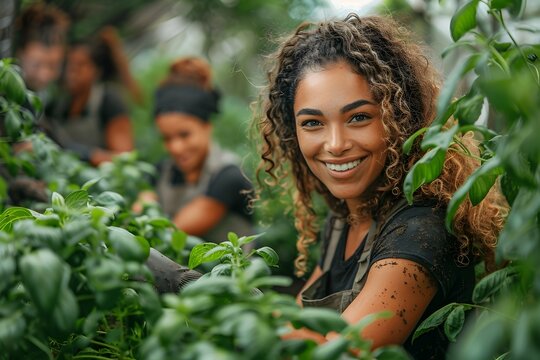 Diverse Women Participating in a Community Gardening Project for Health and Wellness