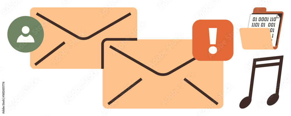 Poster envelopes with notification badge, user icon, folder with binary data, and music note. ideal for dig