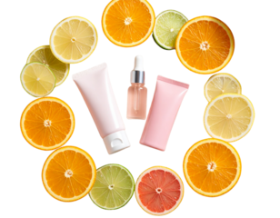 Angled Flatlay of Pink Packaging with Citrus Wheel Arrangement on Textured Cloth