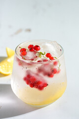 Glass filled with summer cocktail made with lemon slices, redcurrants, and ice cubes.