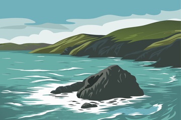 Fototapeta premium Coastal Landscape Illustration with Cliffs Ocean Waves and Rock Formation in the Water
