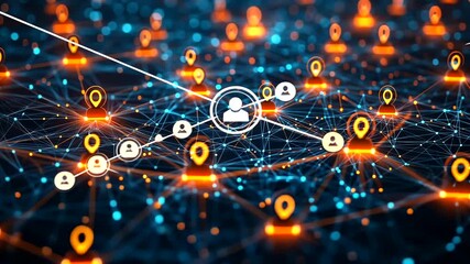 Conceptual network connection animation representing global communications and data transfer - Powered by Adobe
