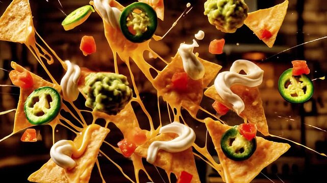 Colorful nachos with melted cheese, jalapenos, guacamole, and sour cream are artistically splashed against a dark background, creating a vibrant and appetizing food composition
