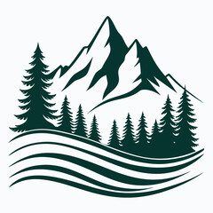 Obraz premium Dark Green Jagged Mountain Logo with Pine Trees mountain range