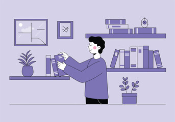 Young man organizing books on shelves in a quiet home library.