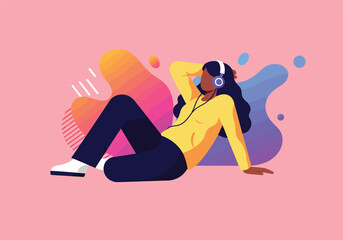 Woman relaxes, listening to music with headphones, vibrant background.
