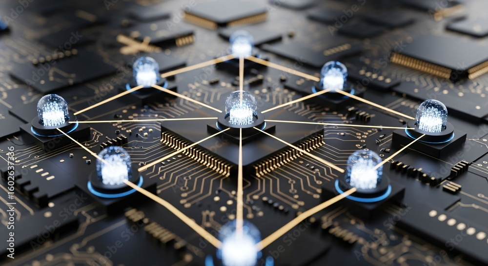 Poster network connections on circuit board with glowing data points. digital technology and worldwide comm
