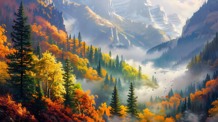 Experience breathtaking autumn splendor as vibrant fall foliage blankets majestic misty mountains, evoking serene natural beauty and wanderlust.