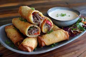 Crispy golden egg rolls filled with savory shredded beef and vibrant peppers served with dipping sauce