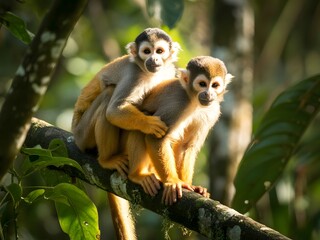 Obraz premium Two squirrel monkeys perched on a mossy tree branch in sunlight primate animal