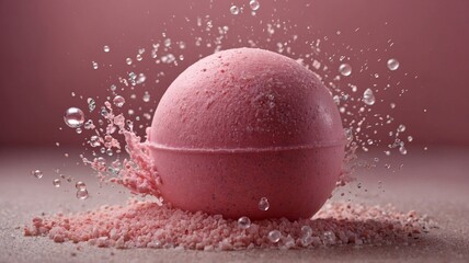 A vibrant pink bath bomb bursting with bubbles and splashes, set against a soft pink background.