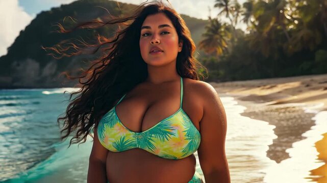 A model poses confidently in colorful swimwear on a serene beach as the sun sets behind a picturesque landscape