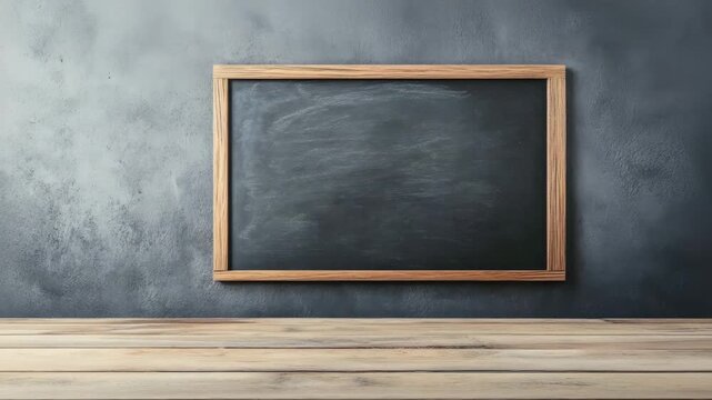 Empty blackboard with wooden frame on textured wall above wooden table, minimalistic classroom workspace with natural light, education environment featuring blank chalkboard and simple wooden surface