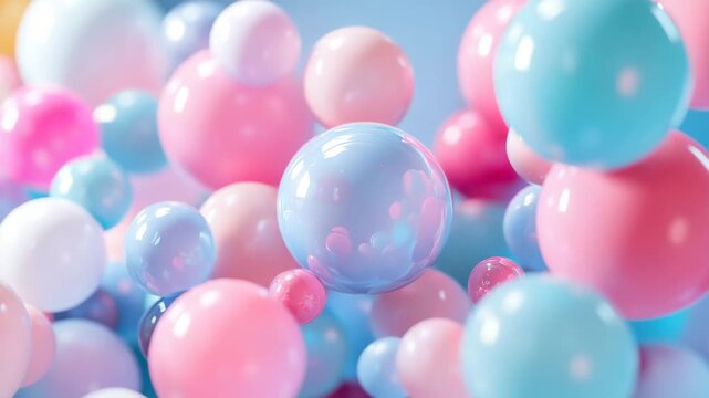 Colorful pastel balloon decoration with pink, blue, and white spheres floating in dreamy party celebration creating joyful and calming atmosphere with smooth reflections and gentle lighting effects