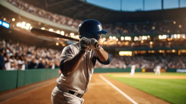 Baseball player with a baseball bat on a baseball field in spectacular style. 4k video