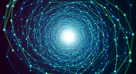 Abstract network tunnel with flowing lines and glowing points. Futuristic data transfer visualization. Digital stream connection background.