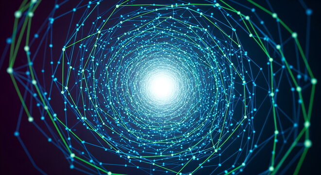 Abstract network tunnel with flowing lines and glowing points. Futuristic data transfer visualization. Digital stream connection background.