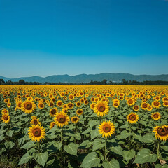 Photorealistic stock-style image of blooming sunflower fields in Gundlupet, Karnataka, with vivid yellow flowers under a deep blue sky and distant Western Ghats ridges in the background