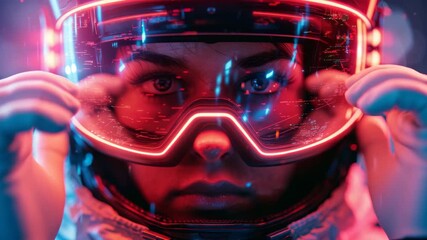 Innovative space exploration with astronaut in neon-lit helmet reflecting futuristic cityscape - Powered by Adobe
