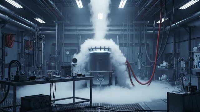 High-tech laboratory with pressurized chamber emitting vapor, symbolizing cryogenic experiments and helium gas usage in scientific research and advanced technology development.