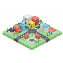 Charming isometric cityscape with colorful buildings and trees, perfect for urban planning concepts