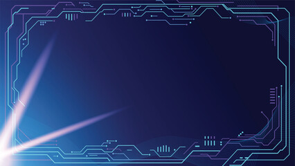 Modern abstract blue and purple background with a geometric tech frame and light rays on the left.