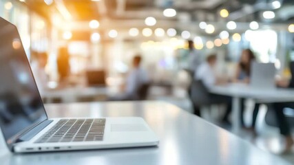 Laptop computer technology office workspace with blurred business people meeting and teamwork desk, professional indoor communication, collaboration, productivity, bright light, modern startup - Powered by Adobe