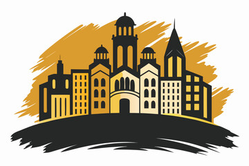 Dynamic city skyline silhouette featuring modern architecture and classic buildings, evoking urban energy and progress with a bold graphic style, perfect for business and design projects