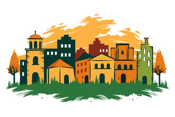 Vibrant stylized cityscape showcasing diverse buildings and trees under a warm, abstract sky, perfect for urban design projects and travel themes.