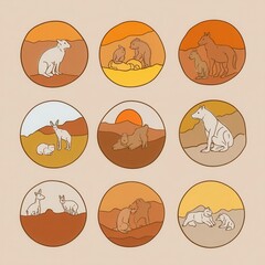 Fototapeta premium Illustrated desert animal families in a muted color palette.