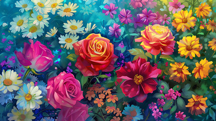 Vibrant bouquet of blooming roses and daisies bursting with color, evoking joy and natural beauty for any project