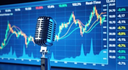 Vintage microphone stands before a dynamic digital stock market chart displaying fluctuating financial trends and data