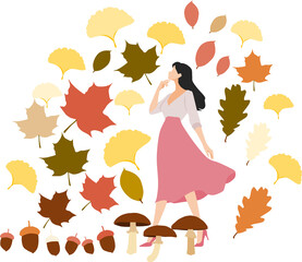 秋に考え事をする女性のイラスト