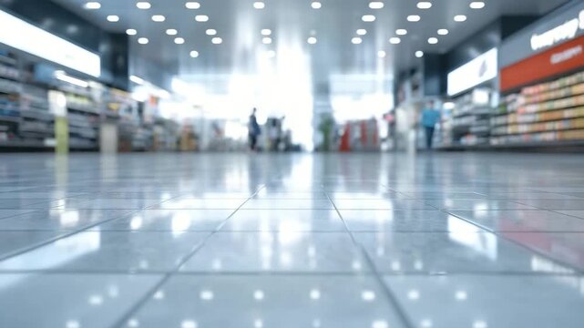 Clean tiled floor bright lighting blurred background indoor space retail store shopping area modern interior commercial building reflective surface spacious environment modern shopping mall interior