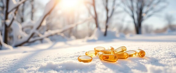 Golden vitamin D capsules gleam on pristine snow, bathed in sunlight; tranquil winter scene,   natural light,   outdoor scene